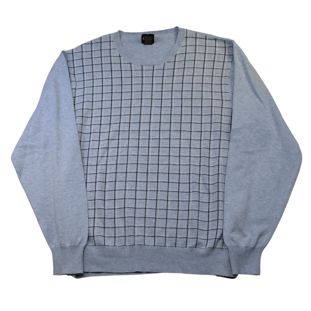 Nick Danger Mens XL Sweater Light Blue Grid Pattern Cotton Crewneck Knit